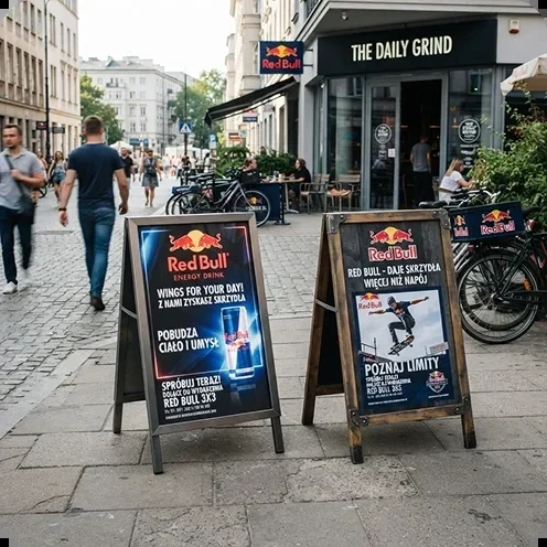 Dwa potykacze Red Bull z plakatami przed kawiarnią: w ramie aluminiowej OWZ i w ramie drewnianej