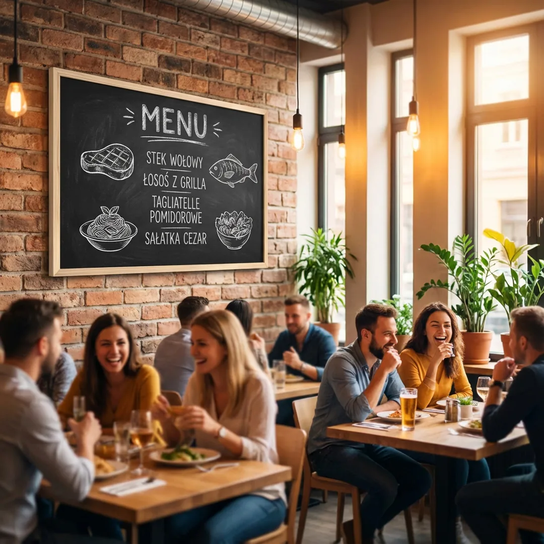 Tablica menu w ramie na ceglanej ścianie restauracji